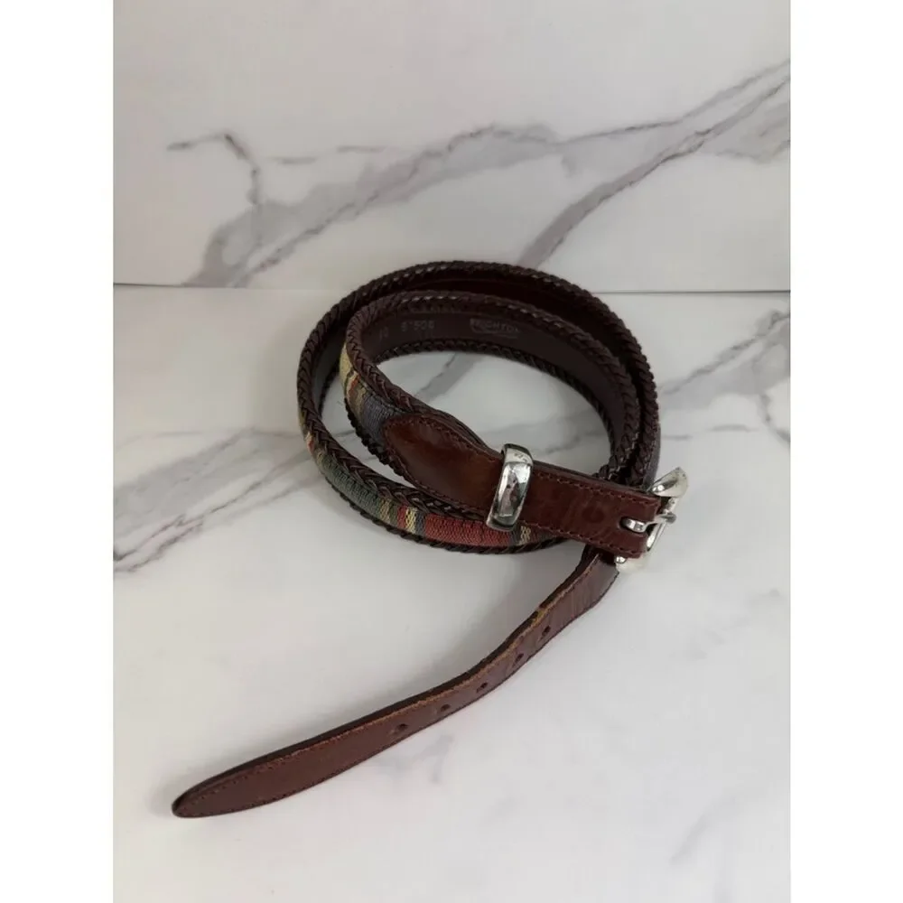Brighton Brown Leather Woven Belt Size L Multicolor Inlay Silver Tone Buckle